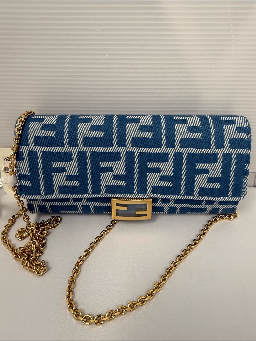 Fendi Blue FF Logo Chain Baguette Clutch with Gold Hardware